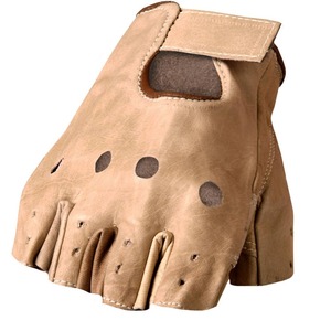 Gants de motard mi-doigts en cuir véritable premium couleur Tan désert avec design ventilé et sangle réglable – Fournisseur en gros - Product Image 6