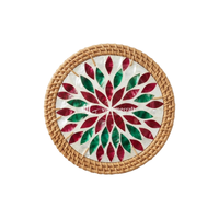Ensemble de dessous-de-verre en rotin fait main, rond, incrusté de nacre, motif floral, style bohème, pour boissons