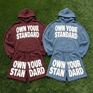 Custom Men's Vintage Two Piece Winter <b>Polyester</b>/Cotton Fleece Breathable Sweatsuit Track <b>Short</b> Set Puff Printing Hoodie <b>Shorts</b> - Product Image 3