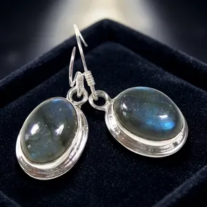 Boucles d'oreilles pendantes en labradorite pour femme, en argent sterling 925, serties clos, cabochon ovale, style vintage, pierre précieuse bleue - Product Image 2