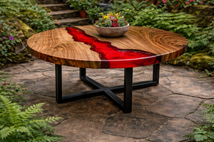 Table de salon ronde en bois massif avec résine époxy rouge, table basse artisanale, décoration rustique unique pour la maison - Product Image 4