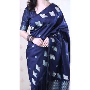 Sari en soie douce bleu marine à double tissage Zari avec bordure à motif d'oiseaux pour robes de cocktail Elite Weaves 650g - Product Image 3