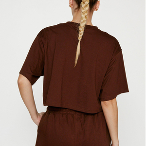 Conjunto de 2 Piezas para Mujer, Top Corto y Pantalones Cortos, Color Sólido, Tejido de Algodón, Casual, Holgado, Cómodo, con Bolsillos, Largo hasta la Rodilla, Ropa de Verano - Product Image 6