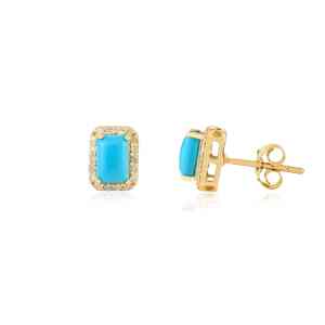 Boucles d'oreilles clous halo en or jaune 18 carats de haute qualité, serties de turquoise et de diamants, petites grappes, faites à la main, pour usage quotidien - Product Image 3