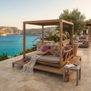 Lit de repos d'extérieur en teck massif avec coussin, pour patio, bord de piscine, jardin - Product Image 5