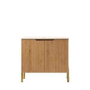 Mobile bagno Turio 30'' freestanding con piano in pietra sinterizzata effetto travertino Roma e mobiletto in compensato con venature naturali del legno - Product Image 1