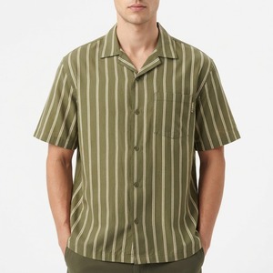 <b>Men's</b> Two Tone Olive Green Striped Button Up Boxy Fit <b>Shirt</b> <b>Short</b> <b>Sleeve</b> Casual Woven <b>Check</b> Top Custom Wholesale - Product Image 3
