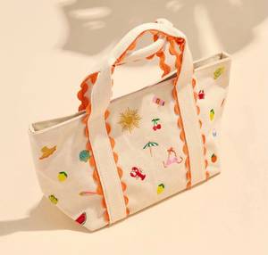 Bolso Tote Casual de Lona con Bordado de Frutas, Cierre de Cremallera, Dos Asas con Ribete Festoneado, Bolso de Hombro, Logotipo Personalizado, para Playa y Compras - Product Image 5