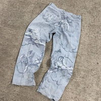 Jeans pour homme en denim noir délavé, coupe droite, vintage, déchiré, surdimensionné, rivets, ourlet brut, pantalon en denim baggy