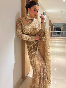 Sari en filet Zari avec motif floral en cristal Royal Spark, matière filet douce, style traditionnel, séchage rapide et sans plis, sari pour femme - Product Image 1