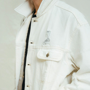 Men's White <b>Denim</b> <b>Jacket</b> Loose Fit Button Fly Solid Color Casual Autumn Cotton Washable Ripped Distressed Style - Product Image 3