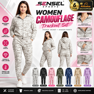 Ensemble de survêtements d'hiver pour femmes, à capuche, respirant, imprimé camouflage, 2 pièces, grande taille, 100% coton biologique, fermeture éclair - Product Image 1