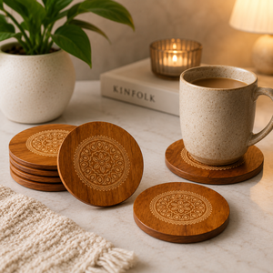 Handcrafted Wooden <b>Coaster</b> <b>Set</b> of 4 with Mandala Engraving – Premium Tea & Coffee Cup <b>Coasters</b> Laser Engraved Mandala Design - Product Image 2