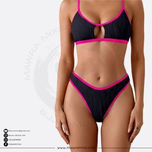 Conjunto de bikini acanalado de 2 piezas para mujer, con cuello pronunciado, diseño hueco, parte inferior elástica estilo hipster, color liso, de spandex y nailon, ropa de playa - Product Image 5