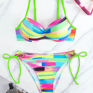 Bikini Sexy a Rayas Horizontales Coloridas, Traje de Baño Moderno para Mujer, Ropa de Playa Cómoda, Conjunto de Bikini - Product Image 3
