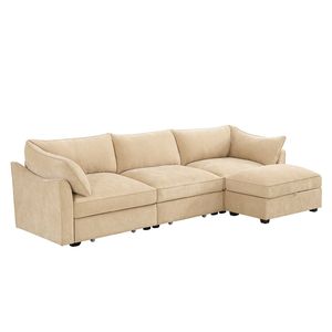 Divano Sezionale a L a 3 Posti con Pouf Mobile, Braccioli a Mezzaluna e Schienale Avvolgente per Soggiorno - Product Image 6