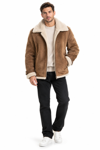 Men's Genuine Leather Shearling Bomber Jacket Fur Collar Windproof Winter Solid Streetwear Cotton <b>Lined</b> Zip up Outerwear - Product Image 2