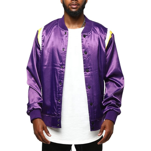 <b>Men's</b> <b>Purple</b> Satin Varsity Jacket Solid Color Button Front Casual Bomber Coat Autumn Wear - Product Image 1