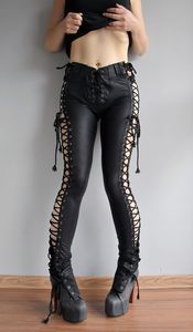 Pantalon gothique noir taille haute avec détails ajourés à lacets, coupe skinny longue pour femme - Product Image 2