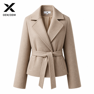 Parka Courte Élégante en Laine pour Femme X, Noir/Gris Foncé/Gris Clair/Kaki, Col Rabattu, Ceinturée, Tenue Formelle d'Hiver, Teinture Unie - Product Image 1