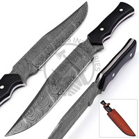 Handgesmeed Damascus staal 15 inch jacht- en kampeermes met zwart Micarta handvat, full tang, survivalmes, extra scherp en duurzaam