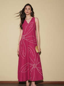 Vestido midi de gasa sin mangas con cuello en V, con bordado a mano con diseño de puntos, corte holgado, informal, vestido de verano, hermoso vestido para mujer - Product Image 1