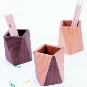 Wooden Square Pen Holder Storage Box Minimalist <b>Desk</b> Organizer for Office Use Carved Natural Finish - Product Image 4