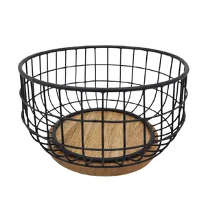 Cesta redonda de madera de Mango, cesta de Color negro y Metal de la mejor calidad, estilo clásico para mesa y cocina