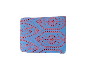 Tela de Punto Elástica de Primera Calidad, Color Azul, con Bordado y Recortes Rojos, Diseño Geométrico de Arco y Medallón, para Vestidos - Product Image 5