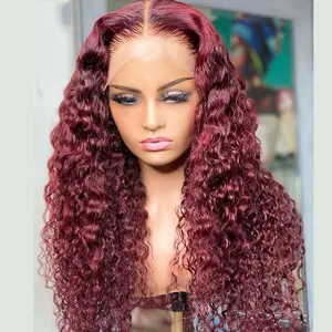 Perruque frontale 100% cheveux humains brésiliens 99j, vendeurs de perruque frisée ondulée rouge bordeaux, perruque de cheveux pour femme avec closure en gros