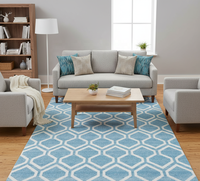 Tapis Kilim Géométrique Floral Moderne en Coton Jacquard Bleu Blanc Tissage Plat Nid d'Abeille Marocain Bleu Clair Écologique et Adapté aux Animaux