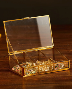 Designer Gold Metal Frame Glass Storage Case Luxury <b>Trinket</b> Organizer Transparent Jewelry Display <b>Box</b> Hinged Lid Decorative Home - Product Image 1