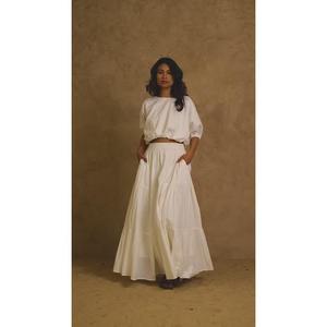 Conjunto de Dos Piezas Estilo Bohemio Blanco, Top Corto con Mangas Abullonadas y Falda Larga en Línea A, Cintura Natural, Color Sólido, Vestido de Verano para Mujer - Product Image 4