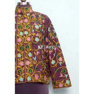 Amazing Look Cotrise Embroidery Floral Quilted Autumn Winter <b>Jacket</b> Women's Regular Length <b>Mandarin</b> <b>Collar</b> Full Sleeve Button - Product Image 2