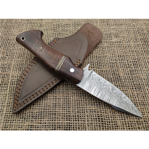 Couteau à lame fixe en acier Damas fait main avec manche en bois et étui en cuir pour activités de plein air et usage utilitaire - Product Image 6