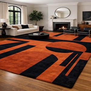 Modern Abstract Orange Black Area Rug Hand Tufted Bold Geometric Carpet Stylish Living Room Hotel Lobby Office <b>Floor</b> Decor - Product Image 3