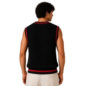 Gilet pull en maille pour homme, noir et rouge à rayures contrastées, col en V, sans manches, décontracté, léger, personnalisable avec logo, fabrication OEM - Product Image 2