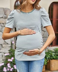 Camiseta de Maternidad a Rayas Personalizada, Tejida y Transpirable, Cuello Redondo, Manga Corta, para Verano, de Algodón, para Mujeres Embarazadas y Lactantes - Product Image 2