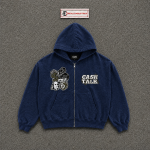 Sweat-shirt à capuche zippé pour homme Cash Talk, bleu marine, en polaire oversize, design imprimé décontracté, logo sur le devant, coupe classique, vêtement d'automne MODER - Product Image 5