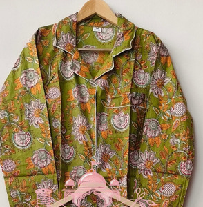 Handcrafted Cotton Floral Night Suit Artisanal Jaipuri Block Print Olive Green Loungewear Co-ord Set Notch Collar <b>Pyjamas</b> <b>Summer</b> - Product Image 1