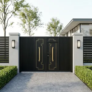 Luxury Black Metal Double <b>Swing</b> Entrance Gate Gold Geometric Design Vertical Slats Modern Security Handles Heat Treated Powder - Product Image 1