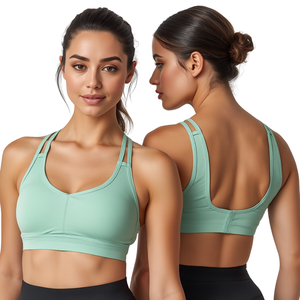 Sujetador deportivo sólido para mujer con cuello redondo y espalda cruzada, soporte medio, transpirable, sin costuras, de malla de elastano/poliamida, top de yoga y fitness. - Product Image 3