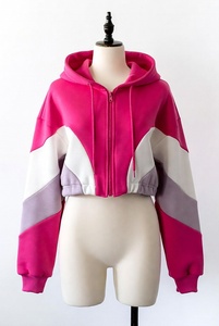 Women Color Blocked Hoodie <b>Crop</b> Top Full Sleeve Asymmetric Zipper <b>Up</b> Hooded Sweatshirt Autumn Knitted Style - Product Image 2