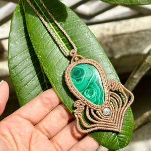 Handmade Beige Macrame Malachite <b>Necklace</b> Adjustable Boho Healing Ethnic <b>Statement</b> Jewelry Women - Product Image 2