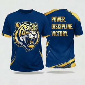 T-shirt à manches courtes unisexe en polyester, coupe ajustée, imprimé par sublimation motif tigre, bleu et or, vêtement de sport - Product Image 1
