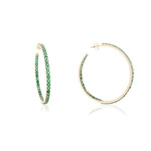 14K Gold Bohemian Round Cut Emerald Hoop Earrings with Diamond and Pearl Accents - Product Image 6