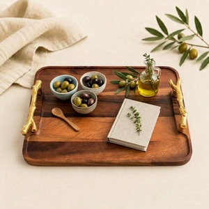 Luxury Handcrafted Mango Wood Serving Tray With Gold Branch Handles Premium <b>Rustic</b> Decorative Rectangular Platter For <b>Coffee</b> Use - Product Image 5