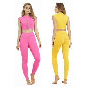 Ensemble de vêtements de sport pour femmes personnalisé, haut court sans manches à fermeture éclair et leggings taille haute, couleur unie, yoga, gym, entraînement - Product Image 1