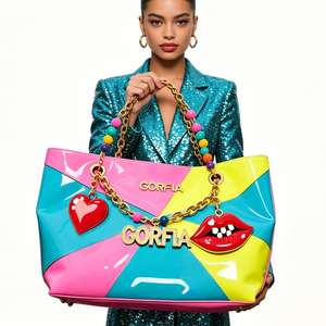 Bolso de Mano GORFIA de Cuero Sintético Colorido, Estilo Pop Art, con Cadenas de Cuentas y Asa de Transporte, Bolsas para Mujer - Product Image 2