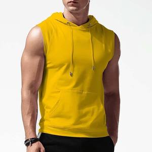 Sweat-shirt à capuche sans manches pour homme, jaune uni, coupe ajustée, en molleton français, décontracté, respirant, tricoté, pour l'été - Product Image 3